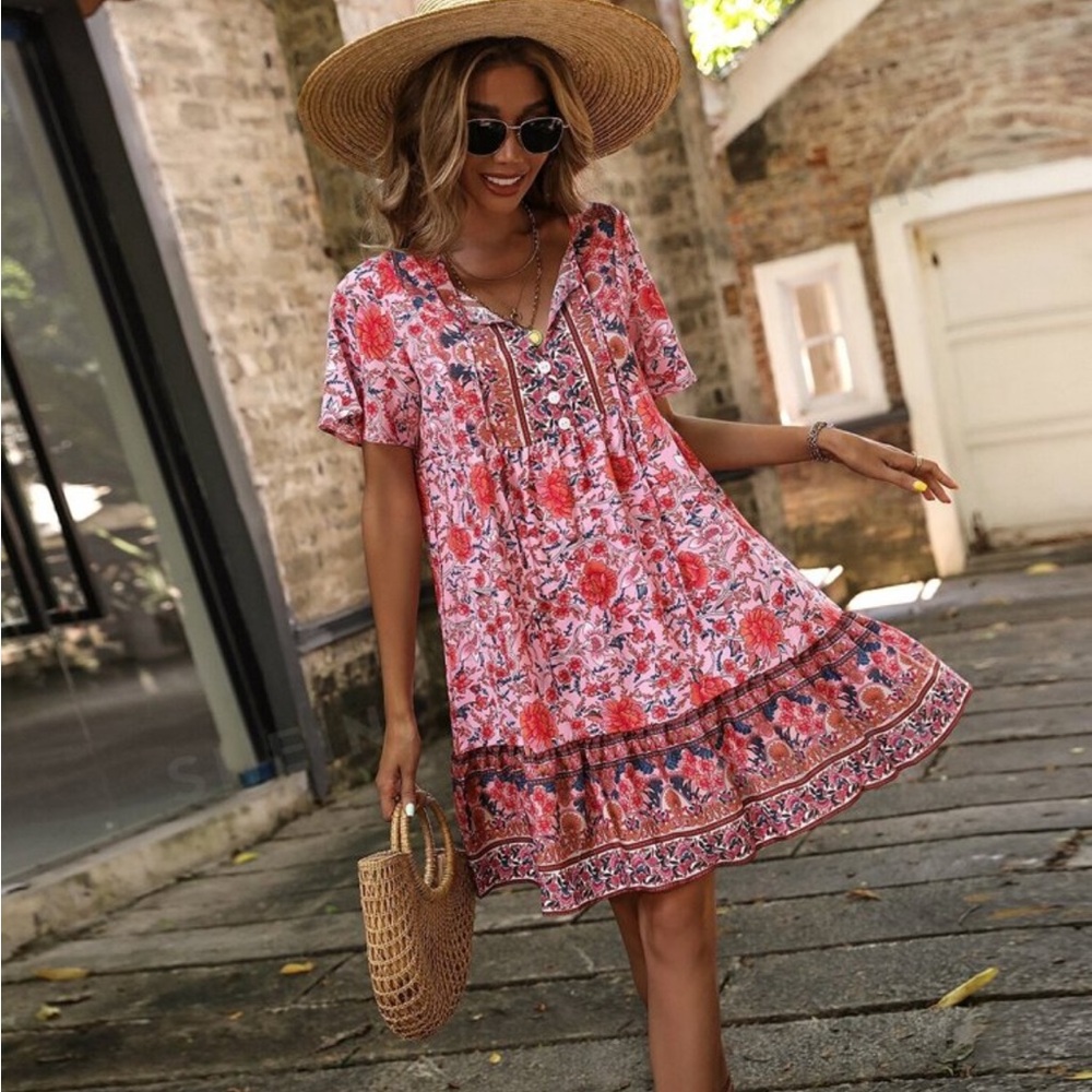 SHEIN VCAY Casual  Colorful Tie Strap Babydoll Dress For Holiday And Vacation - Picture 3 of 7